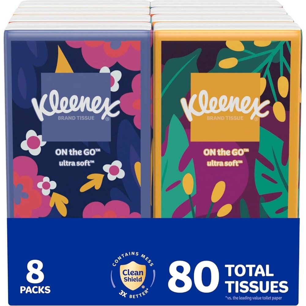 8 Kleenex On-The-Go Facial Tissues 10 Tissues per pack  3-Ply (80 Tissues Total)